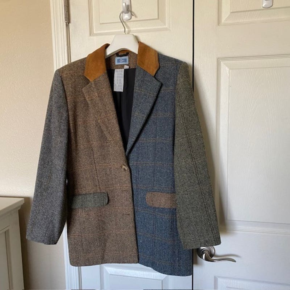 VINTAGE QPS Tweed Blazer Color Block Wool Blend/Suede Collar Equestrian Women 10